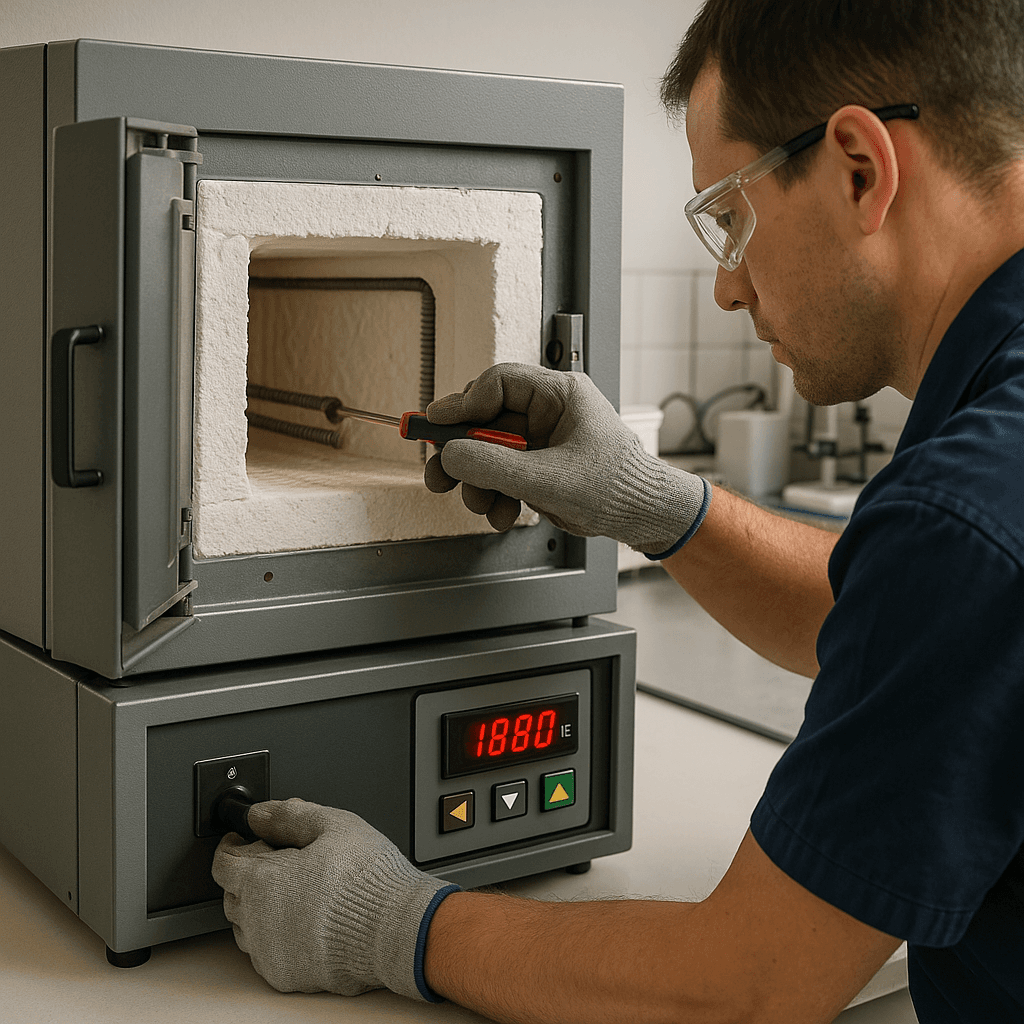 A technician performs maintenance on a laboratory furnace, ensuring its proper functioning and safety standards. A technician performs maintenance on a laboratory furnace, ensuring its proper functioning and safety standards.