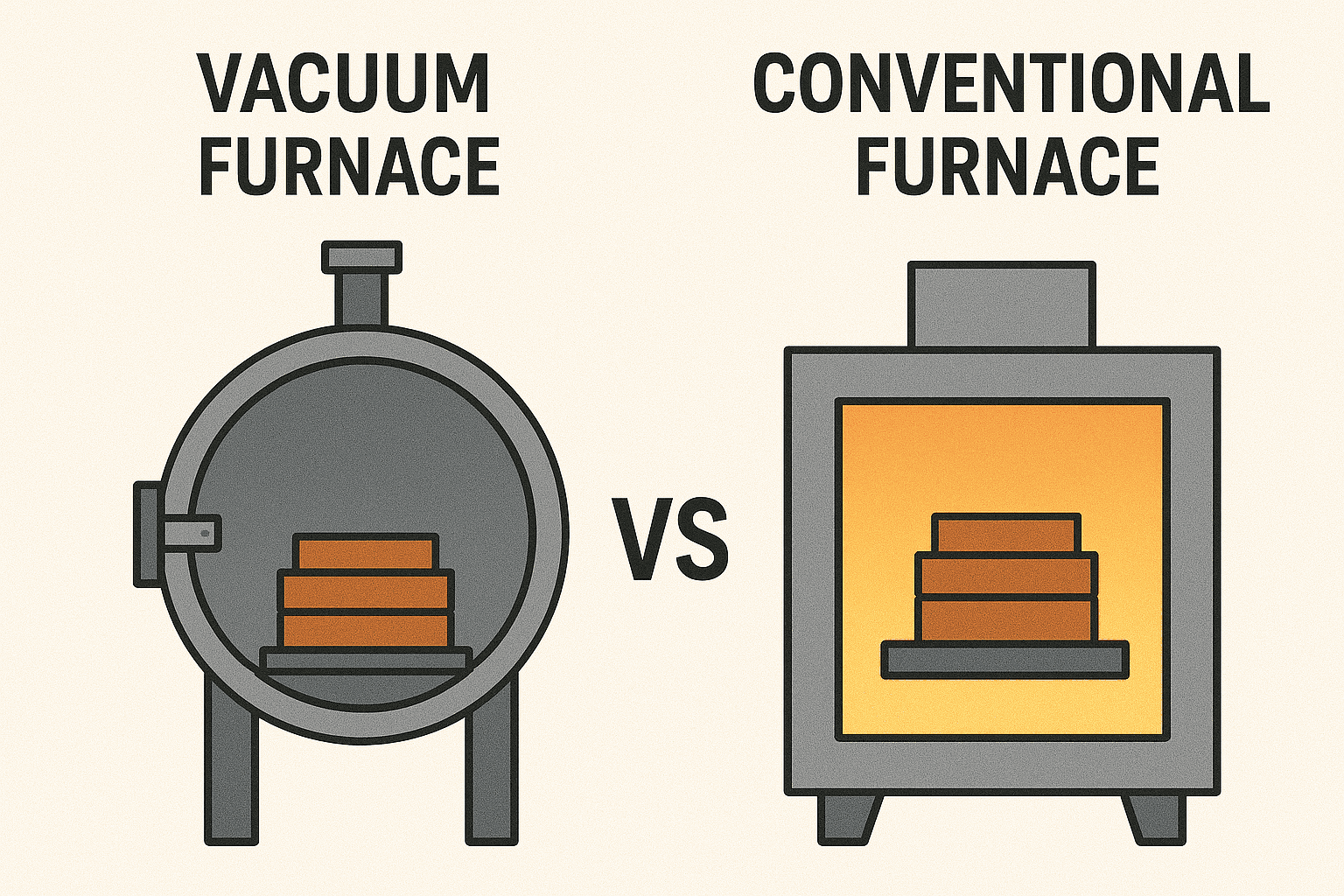 Visual comparison of a vacuum furnace and a conventional furnace, illustrating their distinct designs and features. Visual comparison of a vacuum furnace and a conventional furnace, illustrating their distinct designs and features.
