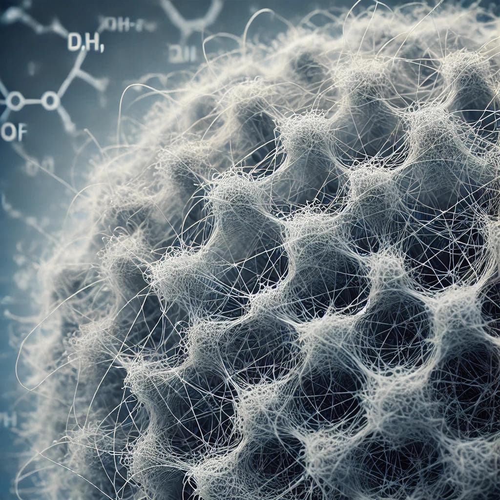 Image displaying nanofibers, emphasizing their slender, fibrous texture and interconnected layout. Image displaying nanofibers, emphasizing their slender, fibrous texture and interconnected layout.