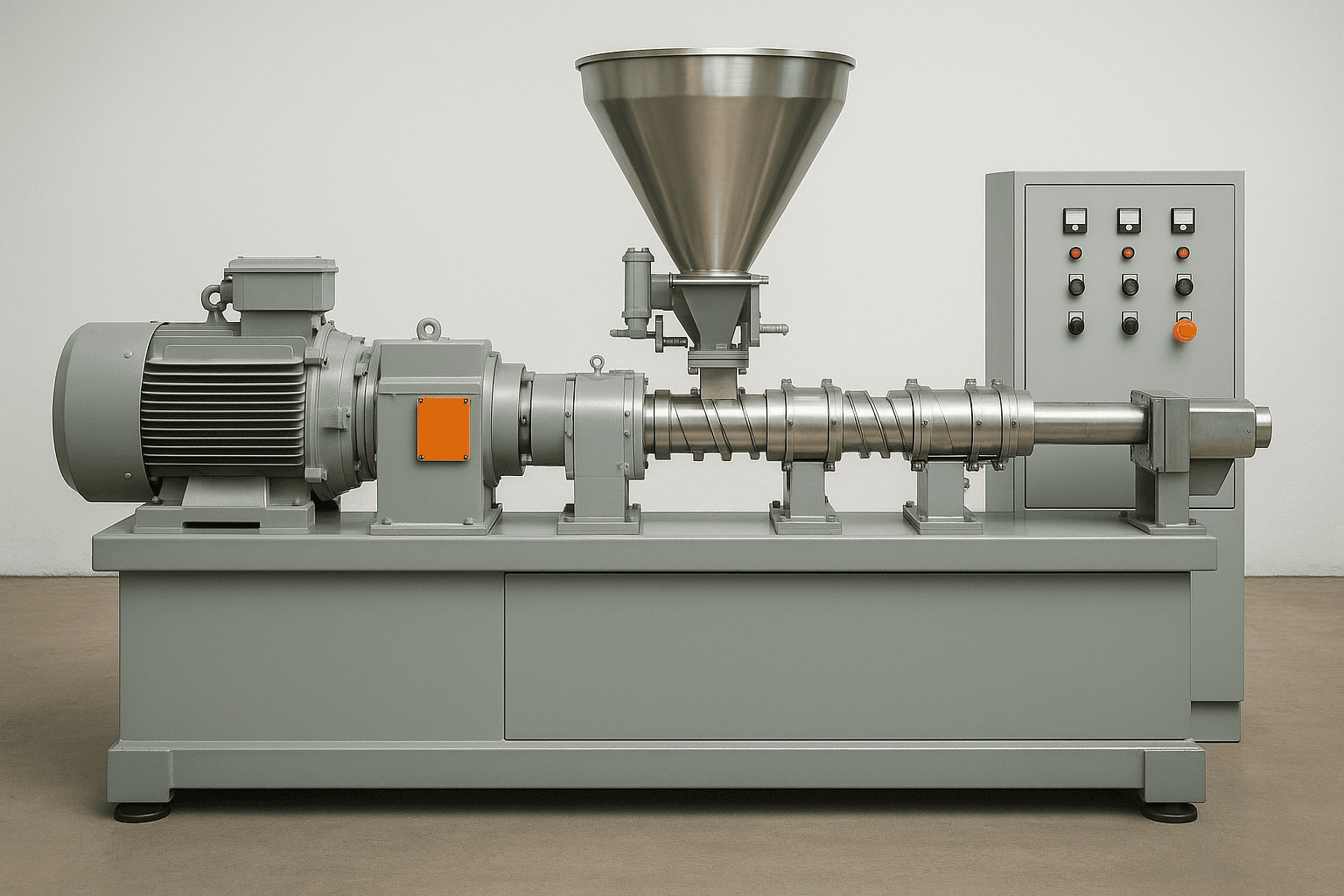 Twin screw extruder with two intermeshing screws, used for mixing and processing materials in manufacturing. Twin screw extruder with two intermeshing screws, used for mixing and processing materials in manufacturing.